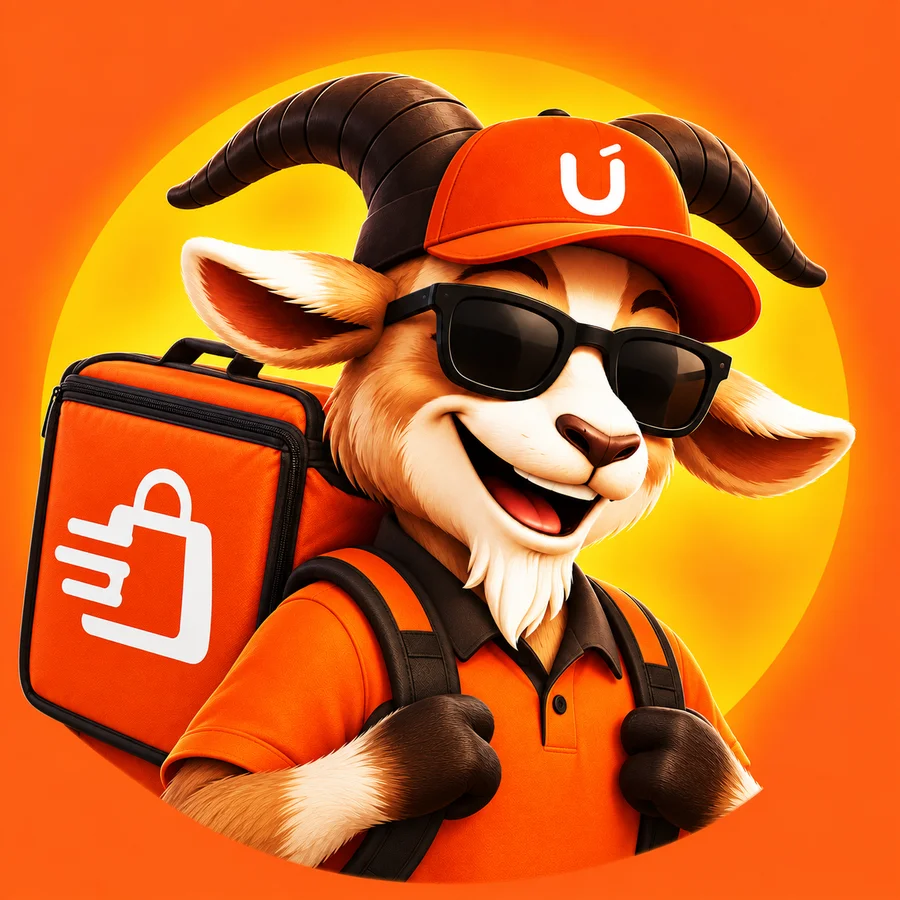 Bode mascote do Uauá Shopping com boné da marca e mochila de delivery